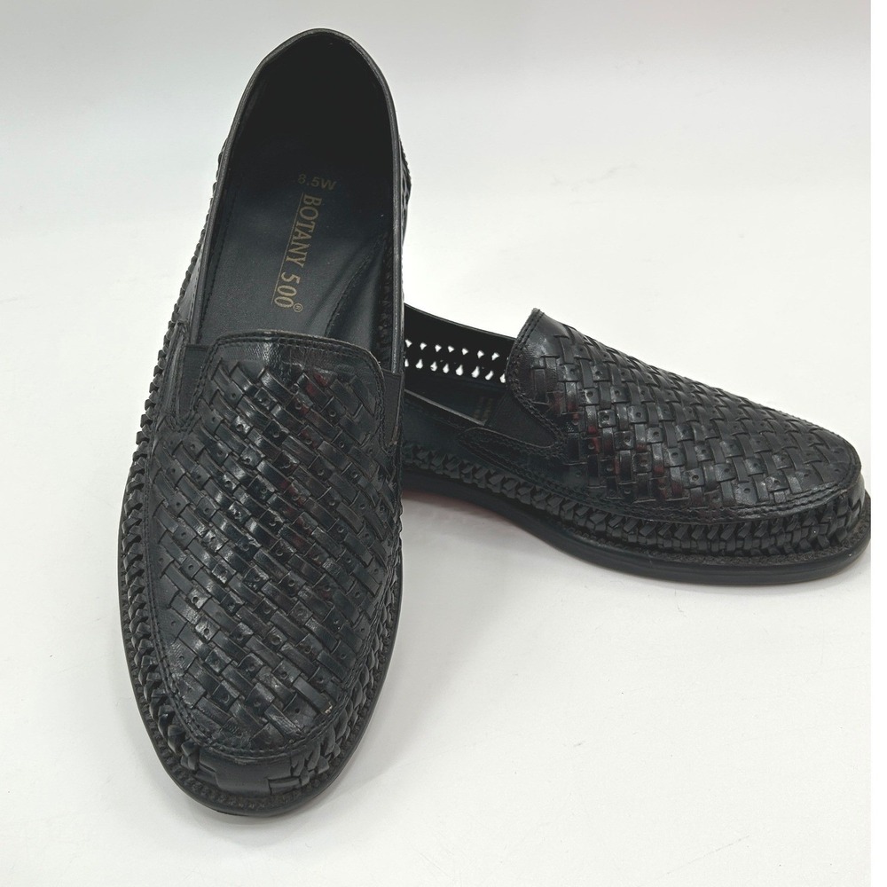 Botany 500 Woven Leather Loafers Mens 8.5W Black Basket Weave Slip On - Picture 2 of 12